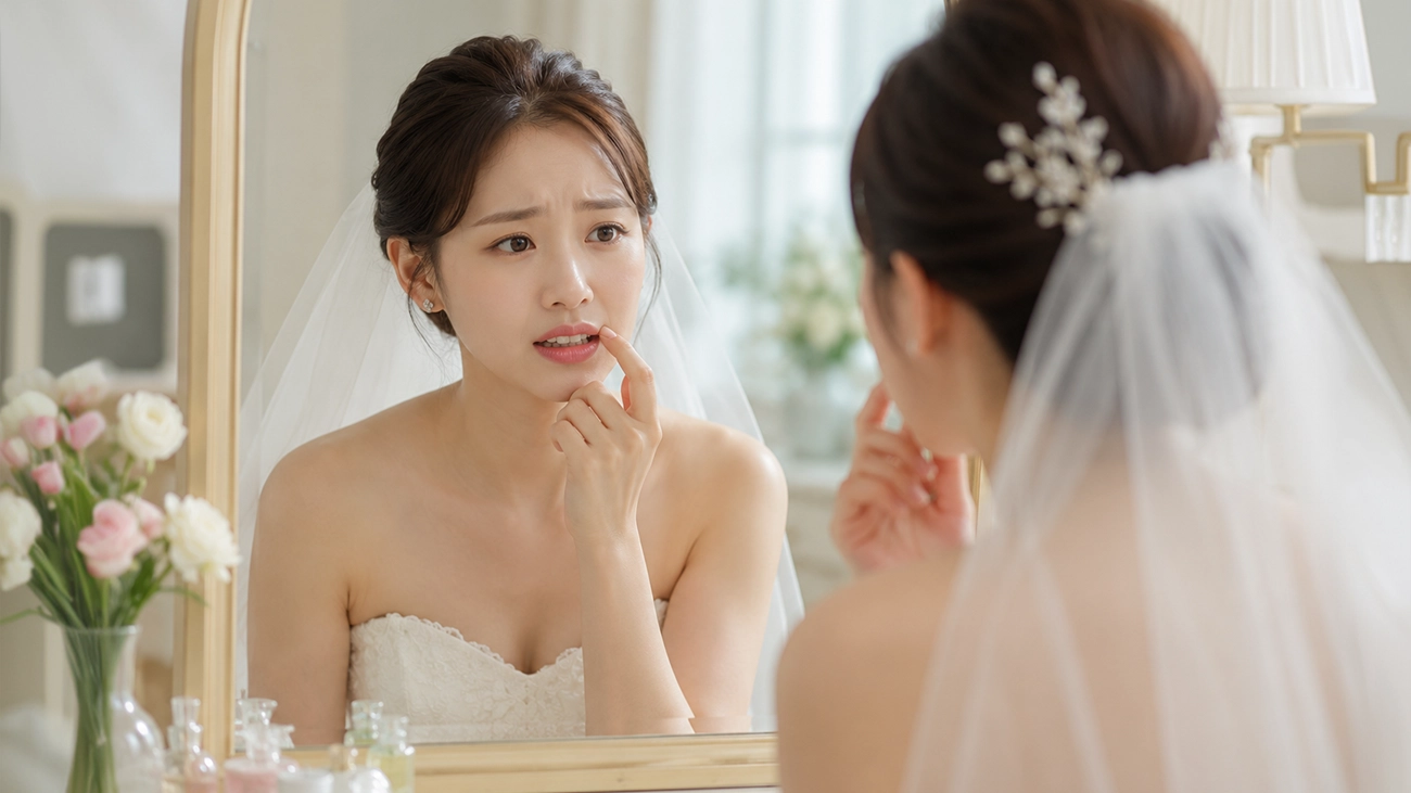 거울에 비친 자신의 치아를 확인하는 여성의 모습